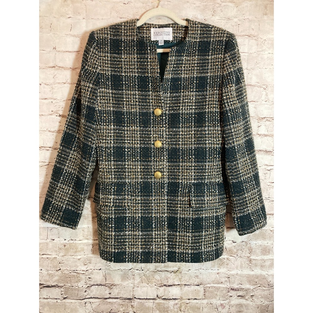 Vintage Executive Collection Blazer Jacket  12 Forest‎ Green Tweed Preppy Plaid